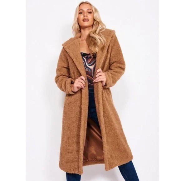 Brown Long Sleeve Hooded Hoodie Long Maxi Borg Teddy Bear Fur Coat - Picture 13 of 15